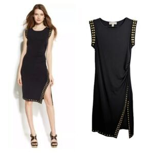 Michael Kors Black Studded Trim Bodycon Dress Side Ruched Slit Sleeveless S